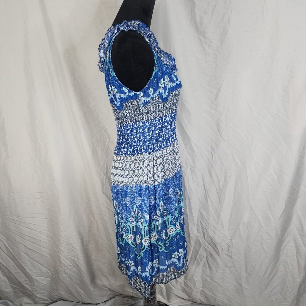 SUNNY LEIGH Size Small Blue Floral Sleeveless Pleated Rosette Ruffled Dress - Picture 4 of 11